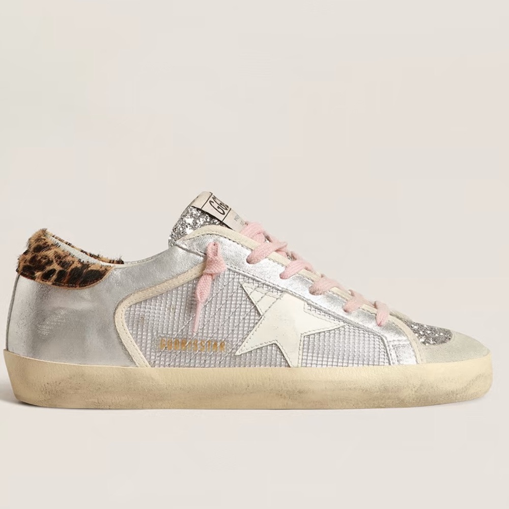 NEW Golden Goose Super-Star LTD in mesh and suede with silver glitter tongue